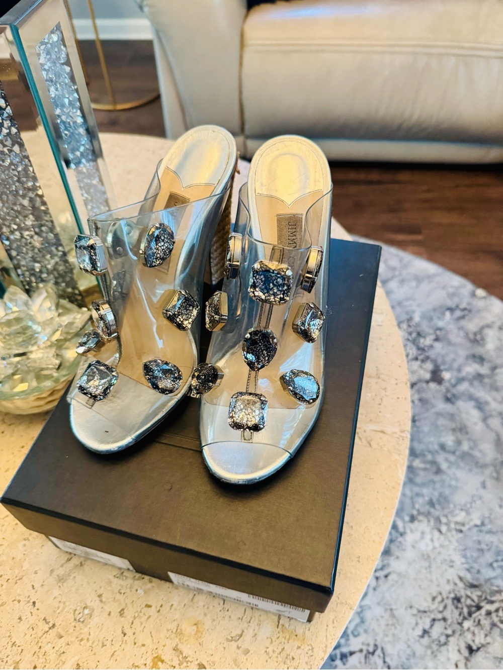 Jimmy Choo Crystal Embellished PVC Mule Heels Sandals Silver - Picture 2 of 5